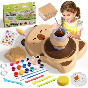 Pottery Wheel Machine Kit for Beginners Kids with Light,Electric Ceramic Wheel with Foot Pedal&Painting Kit, Adjustable Speed,Clay Spinner DIY Tools for Art Craft Birthday (Brown)