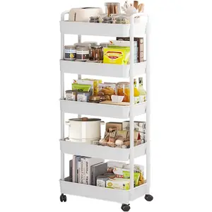 5-Tier Rolling Cart, Utility Cart with Lockable Wheels, Storage Cart Craft Cart Book Cart Diaper Cart Organizer for Bathroom Kitchen, white