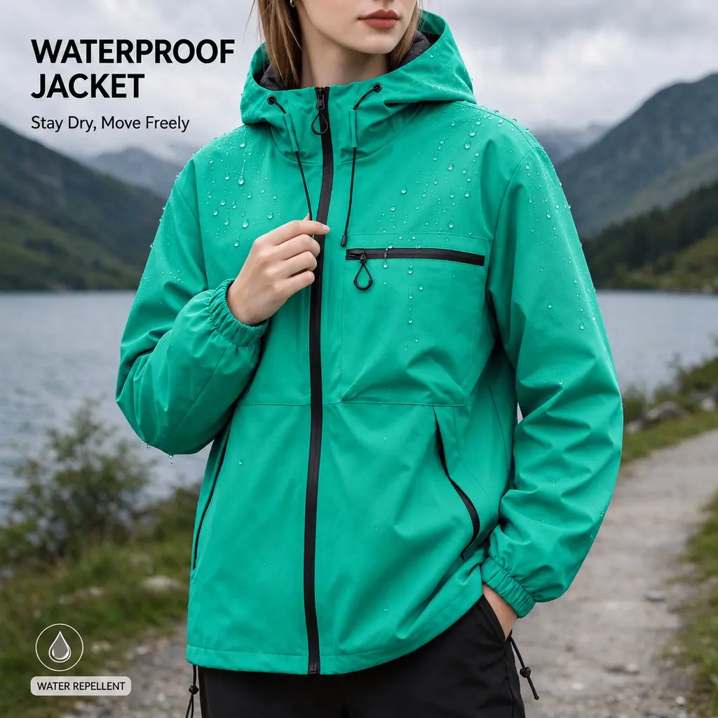 Women’s Waterproof Hooded Jacket, Adjustable Drawstring Hood, Zipper Pockets, Windproof Outerwear, Raincoat for Hiking, Camping, and Outdoor Activities