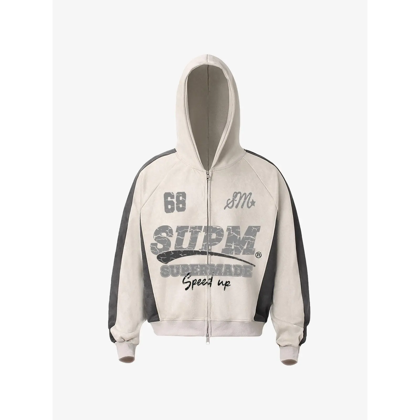 Thesupermade Suede Foam Letter Patchwork Zipper Shorts Jacket