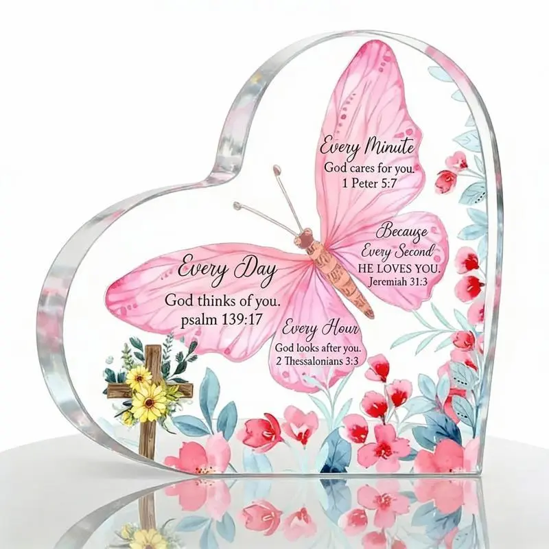 Transparent Butterfly & Flower Pattern Acrylic Plaque - Heart-Shaped Religious Ornament with Bible Verse, Inspirational Desktop Decor for Home, Office