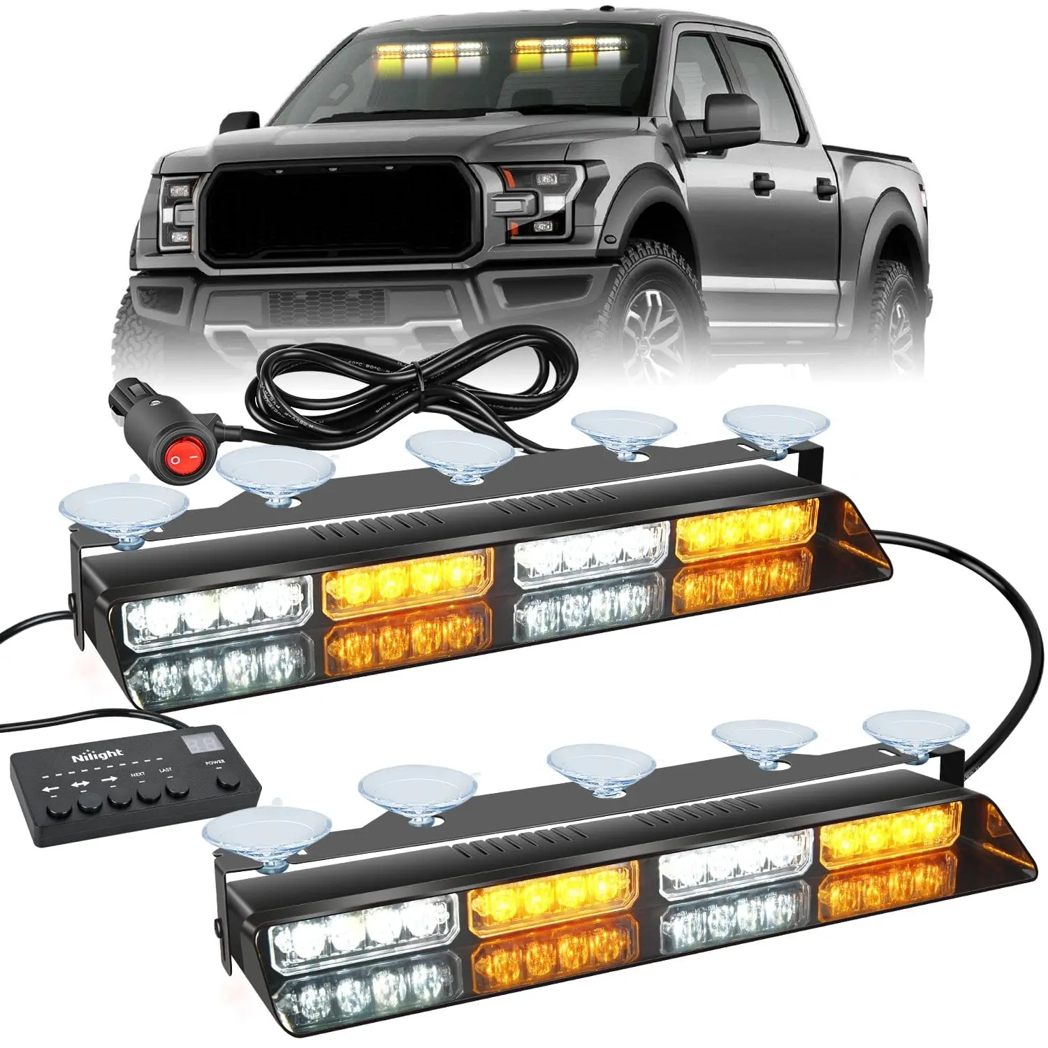 Nilight 32pcs ABS Dash Strobe Lights - 32-LED Amber White, High Efficiency, Long Lasting, Leakproof, Surface Mount, Steady Blink, 26 Flash Modes with Controller & Suction Cups for Automotive & Motorcycle Indicator Lights, Led Lights, Brightening