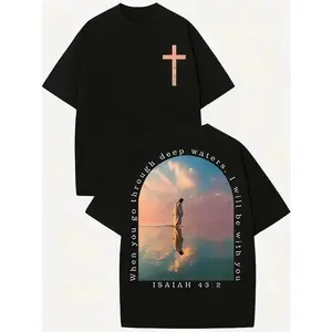 Cross & Isaiah Verse Design 230g Washed Cotton T-Shirt Retro Streetwear Double-Sided Print Pattern Men's T-Shirt Distressed Summer Wear Drop-Shoulder y2k,Vintage,Streetwear Christmas heavyweight pure cotton t-shirt