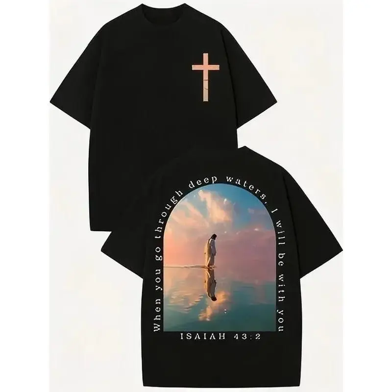 Cross & Isaiah Verse Design 230g  Cotton T-Shirt Retro Streetwear Double-Sided Print Pattern Men's T-Shirt Distressed Summer Wear Drop-Shoulder y2k Vintage Streetwear Christmas Heavyweight Pure Cotton Crewneck Fabric