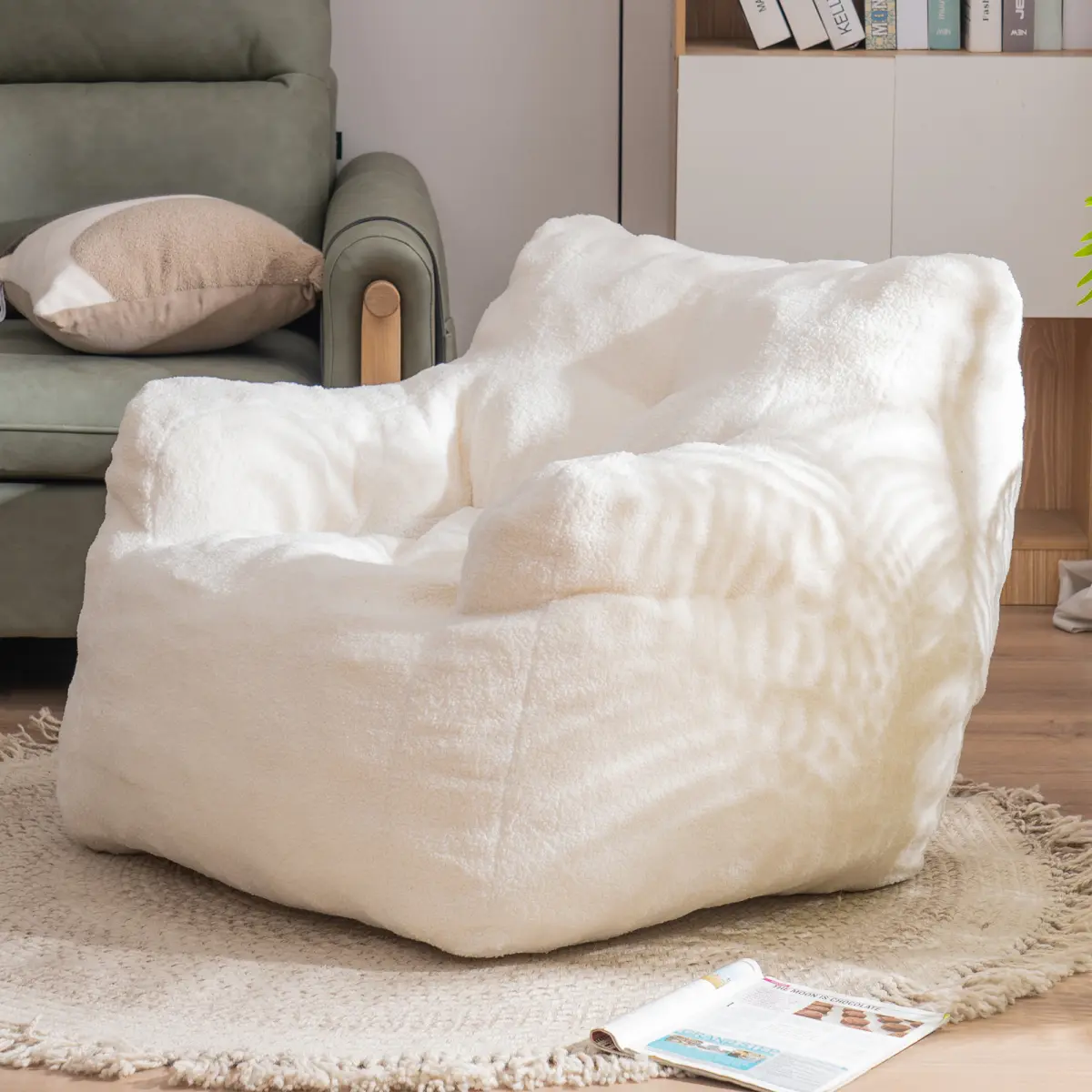 Ivory White Teddy Fabric Tufted Foam Bean Bag Chair Soft Plush Living Room Home Decor Bed Sofa Couch Queen Mattress Frame