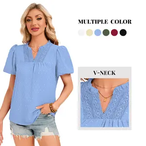 Womens Boho Tops Summer Short Puff Sleeve V Neck Blouses Dressy Casual Flowy Swiss Dot Lace Crochet Shirts