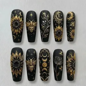 Hand-Painted 3D Goth Press On Nails | Dark Cottagecore Witchy Sun & Moon | Matte Black Gold Celestial Bee Luxury Fake Nails