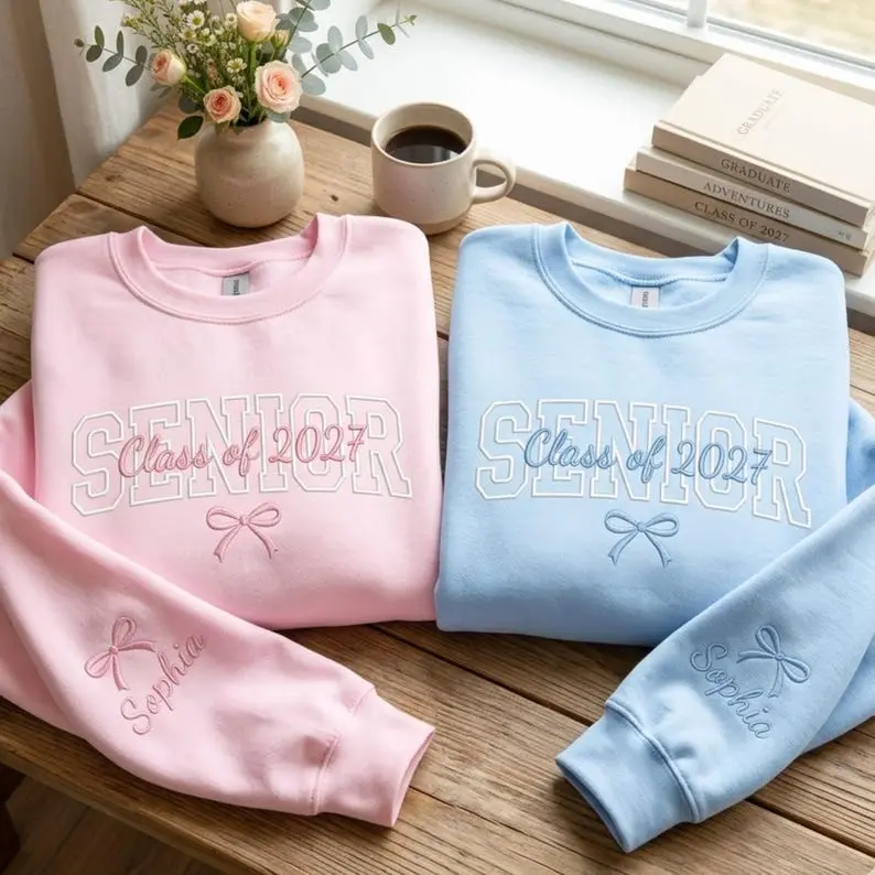 [Leave a Note or Message] Personalized Embroidered Senior Sweatshirt, Class of 2027 Embroidered Crewneck, Coquette Senior Sweater, Custom Graduation Sweatshirt, Cheerleader Gift, Senior Year Pullover
