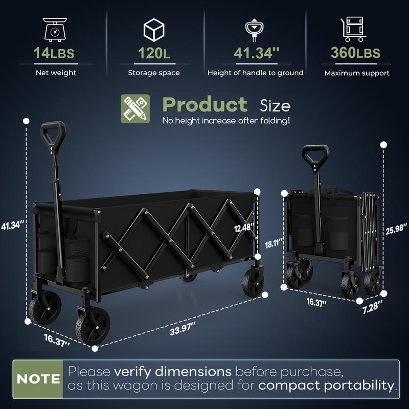 Collapsible Wagon Cart Foldable 34'' Extra Long, 360LBS Heavy Duty Folding Gardening Cart with Wheels, Portable Utility Outdoor Wagon for Grocery, Shopping, Sports, Camping, Black