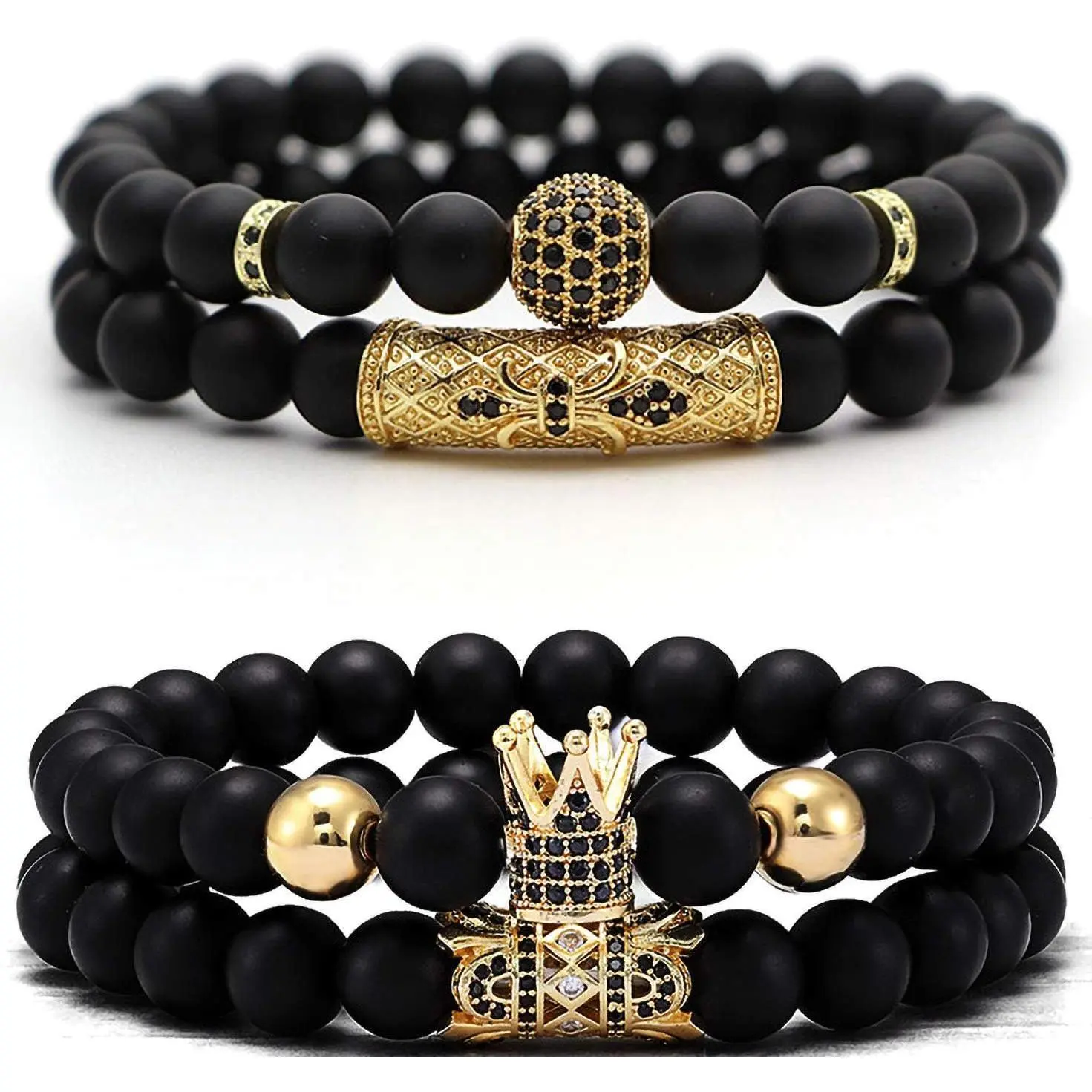 MILAKA Men's Crown King Bracelets Set - 4 Black Matte Onyx Bracelets with Cubic Zirconia Charms, Elastic Rope, High Polished Surface, Unisex Design Costume Jewelry, Great Gifts for Yourself or Your Family and Best Friends