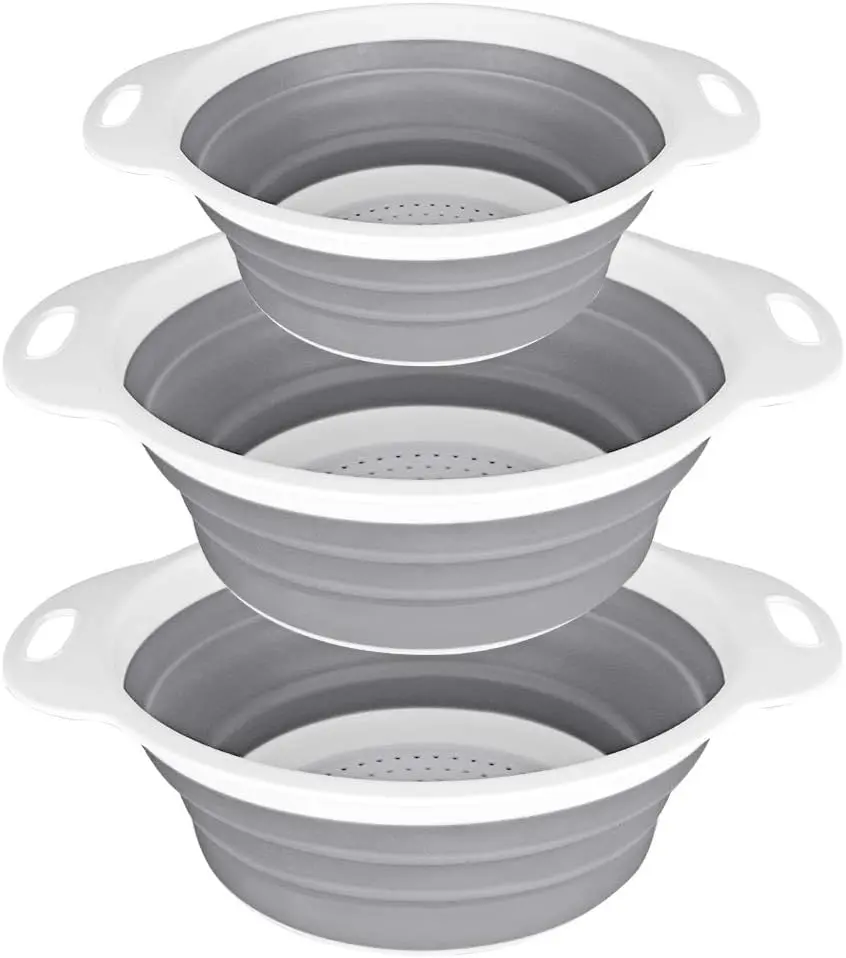 Collapsible Colander and Strainer Set of 3-2 PC 4 Quart(1 gal) and 1 PC 2 Quart(0.5 gal) - BPA Free & Dishwasher-safe Silicone Kitchen Foldable Strainer for Pasta, Veggies