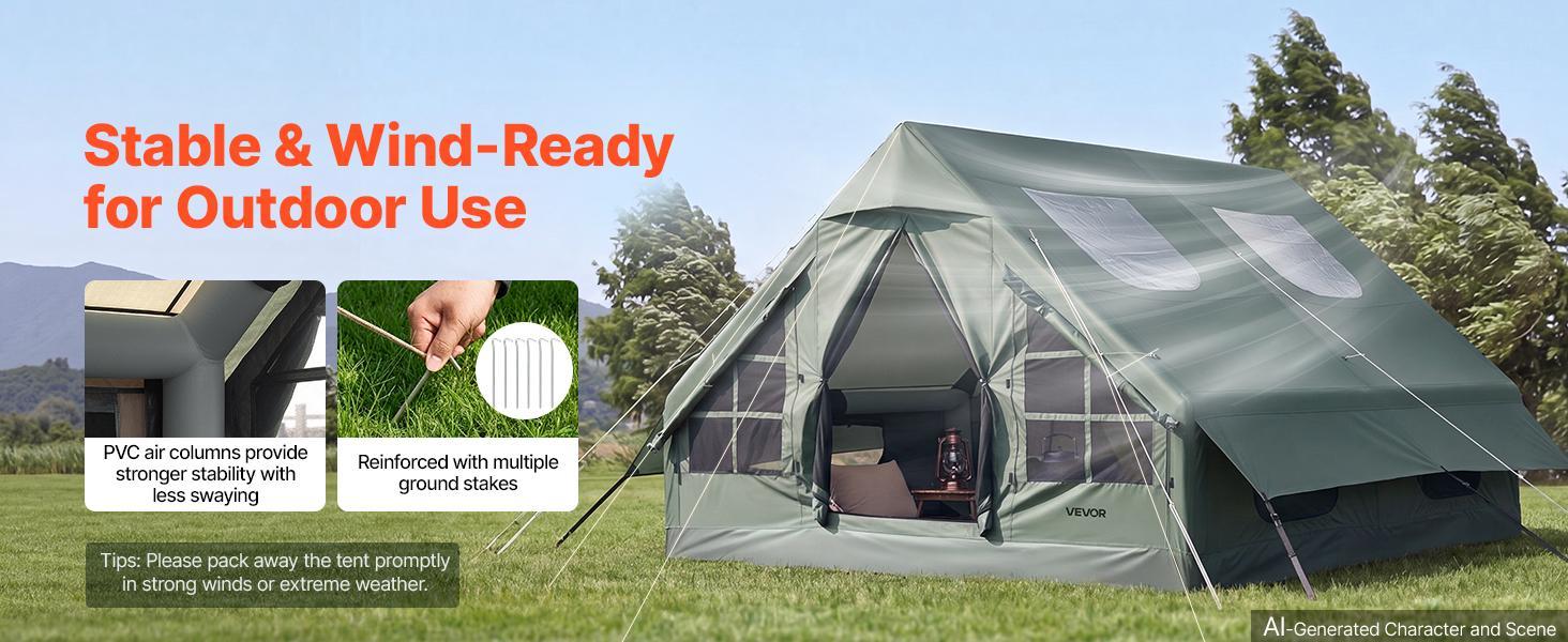 【BackToSchool】VEVOR Inflatable Tent for Camping 5-8 Person Blow Up Tent with Hand Pump, for Family Outdoor Glamping, Waterproof 420D Oxford, Easy Setup Air House with Skylight, Stove Jack, Mesh Windows & Carry Bag