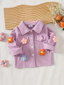 Sweet Corduroy Jacket for Girls, Long Sleeve Buttoned Coat, Spring & Fall Princess Style, Cute 3D Flower Design