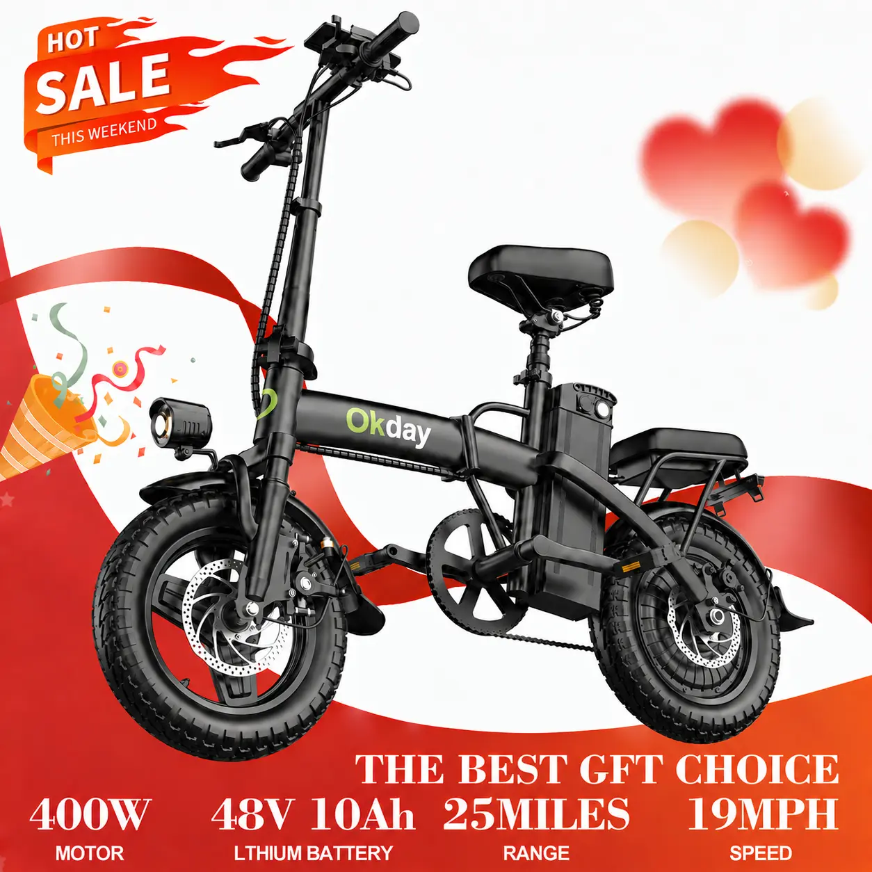 Okday K1 700W Peak Power High-Performance Adult Electric Bike, 400W Motor 19MPH Speed, Foldable Portable 14" All-Terrain Tires, Dual Brakes, Carbon Steel Frame, Smooth Stable Ride, Dual Seats, Compact Powerful Lifestyle Foldable Electric Bike city commute