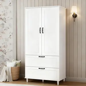 Armoire Wardrobe Closet with 2 Drawers, 63" Clothing Storage Cabinet with Hanging Rod, 2 Doors Wooden Wardrobe Cabinet for Bedroom, Large Capacity Storage