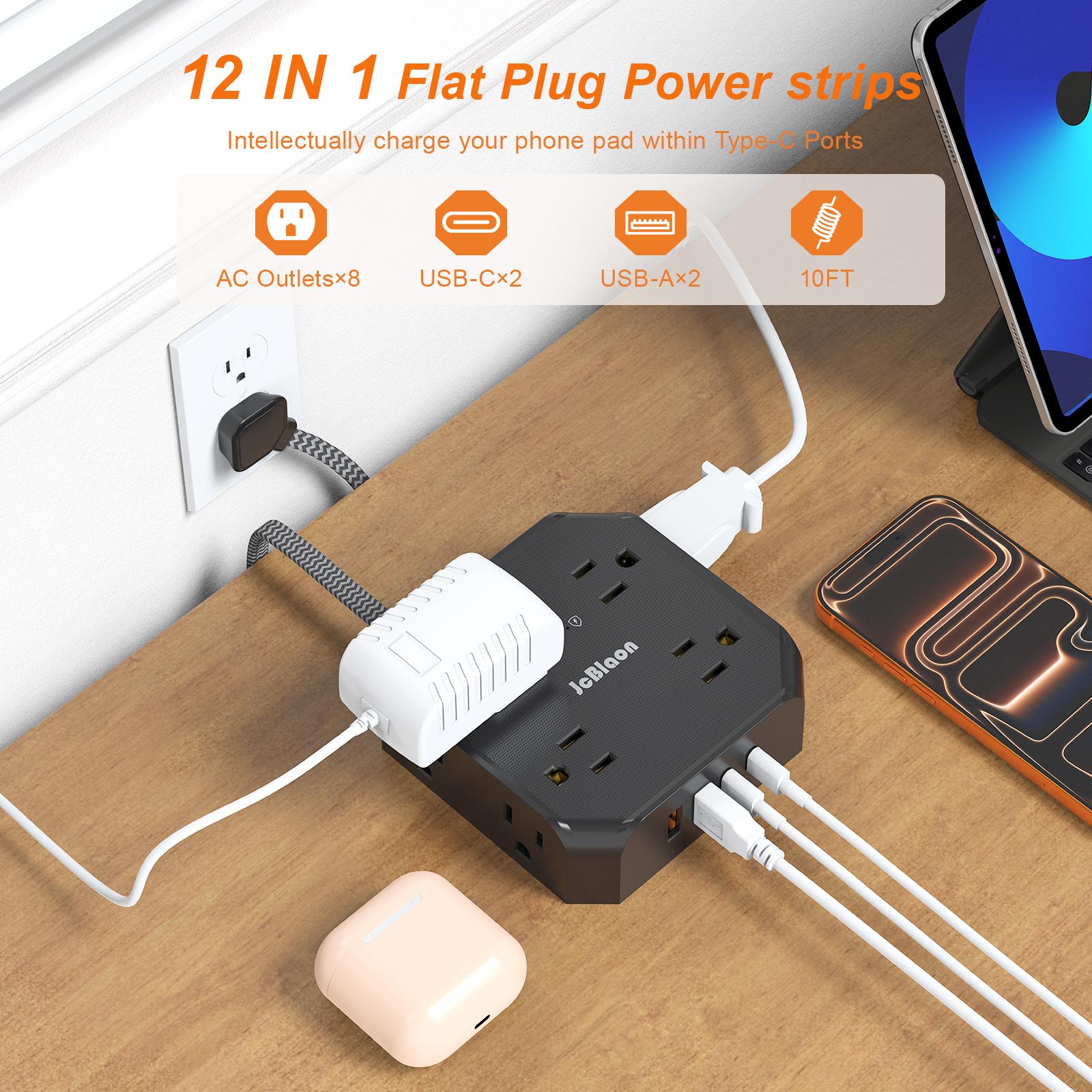 ETL-Certified Surge Protector Power Strip - 10FT/15FT Braided Extension Cord, 3-Sided Square Shape Outlet Extender, 8 Outlets & 4 USB Ports (2 USB-C) for Home Office, Black