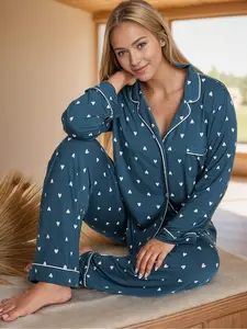 Women's Long Sleeve Fitted Pajamas Set with Pants, Bow Tie Printed Design for Autumn and Winter, Stylish and Comfortable Sleepwear Loungewear