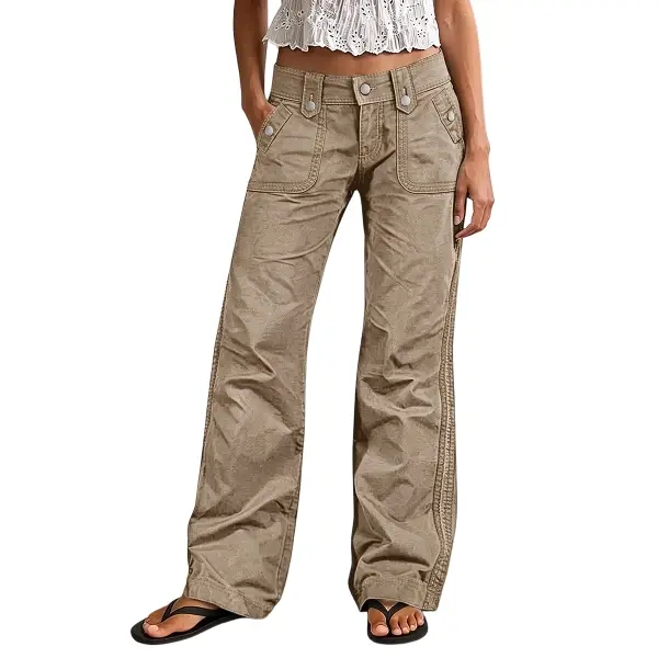 Flamingals Solid Patch Pocket Mid Waist Wide Leg Pants Womenswear Stretchy 31.5" Inseam