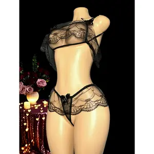 Women's Sexy Lace Lingerie Set Black Semi-Sheer Backless Nightgown with Suspender Matching Panties Crotch-Free Design Minimalist Basic Sleepwear Bridal Womenswear
