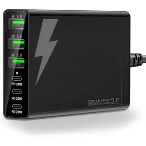 96W 6-Port USB C Charging Station 3 USB-C+3 USB-A Fast Charging Hub for IPhone IPad Samsung MacBook