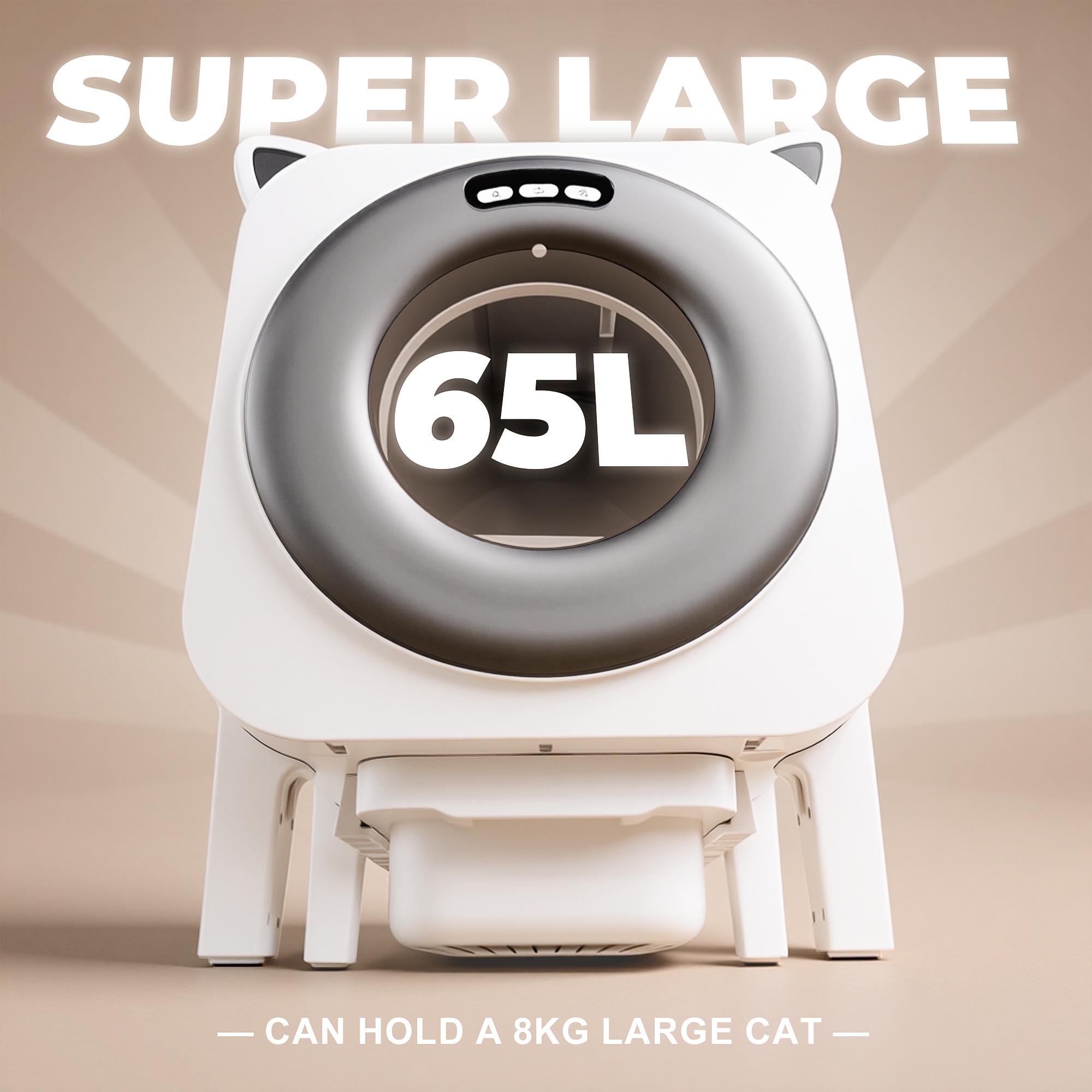 65L large-capacity smart automatic cat litter box, accommodates up to 8 kg large cats, 10 L waste collection bin, app-controlled remote operation, odor control and antibacterial features, one-touch smart litter replacement