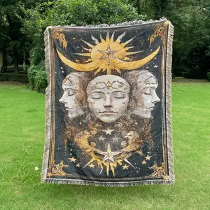 King of the Sun Pattern Woven Fringe Blanket, Thick, Stain Resistant, Washable, Suitable for Bed Sofa Office Picnic Camping Home Decor