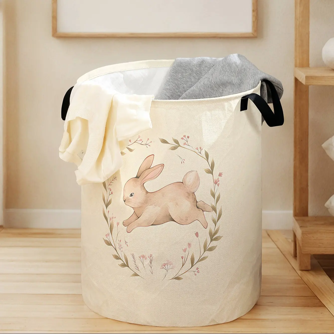 Rabbit Print Toy and Laundry Storage Basket, Multi-Purpose Striped Organizer for Kids Room, Ideal for Home and Family Use