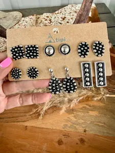 6 Pair Western Black & Silver Stud Earrings Set – Concho, Teardrop & Statement Styles