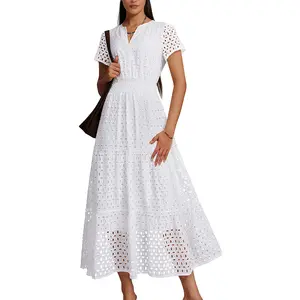 OYS Women's Summer Maxi Dress Short Sleeve V Neck Hollow Out Eyelet A Line Long Flowy Beach Vacation Dresses
