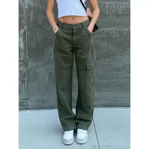 One Side Square Pocket Wide Leg Cargo Pants, Loose Baggy Fit Straight Legs Denim Trousers, Y2K Kpop Vintage Style, Women's Denim Jeans, Women's Clothing Womenswear Bottom Solid Basic