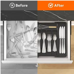 Lifewit Silverware Drawer Organizer, Expandable Utensil Tray for Kitchen, BPA Free Flatware and Cutlery Holder, Adjustable Plastic Storage for Spoons Forks Knives,black, Home Organizers