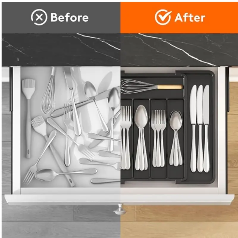 Lifewit Silverware Drawer Organizer, Expandable Utensil Tray for Kitchen, BPA Free Flatware and Cutlery Holder, Adjustable Plastic Storage for Spoons Forks Knives, Durable Plastic Organizers, black, Home Organizers