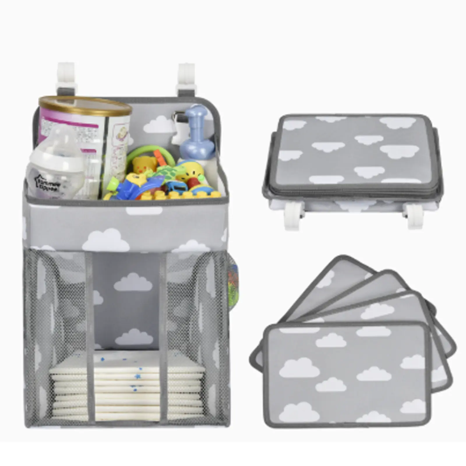 Hanging storage bag with large capacity and multiple compartments, featuring side mesh pockets; can store diapers, wet wipes, bottles, toys, and more. Solid and durable material, can be hung on a baby crib, changing table, fence, wall, and rocking chair.