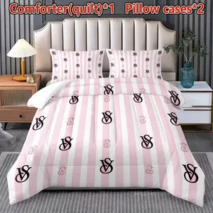& Striped Vs Monogram Bedding Set, Luxury Comforter & Pillowcases, Feminine Bedroom Decor, Cotton Material