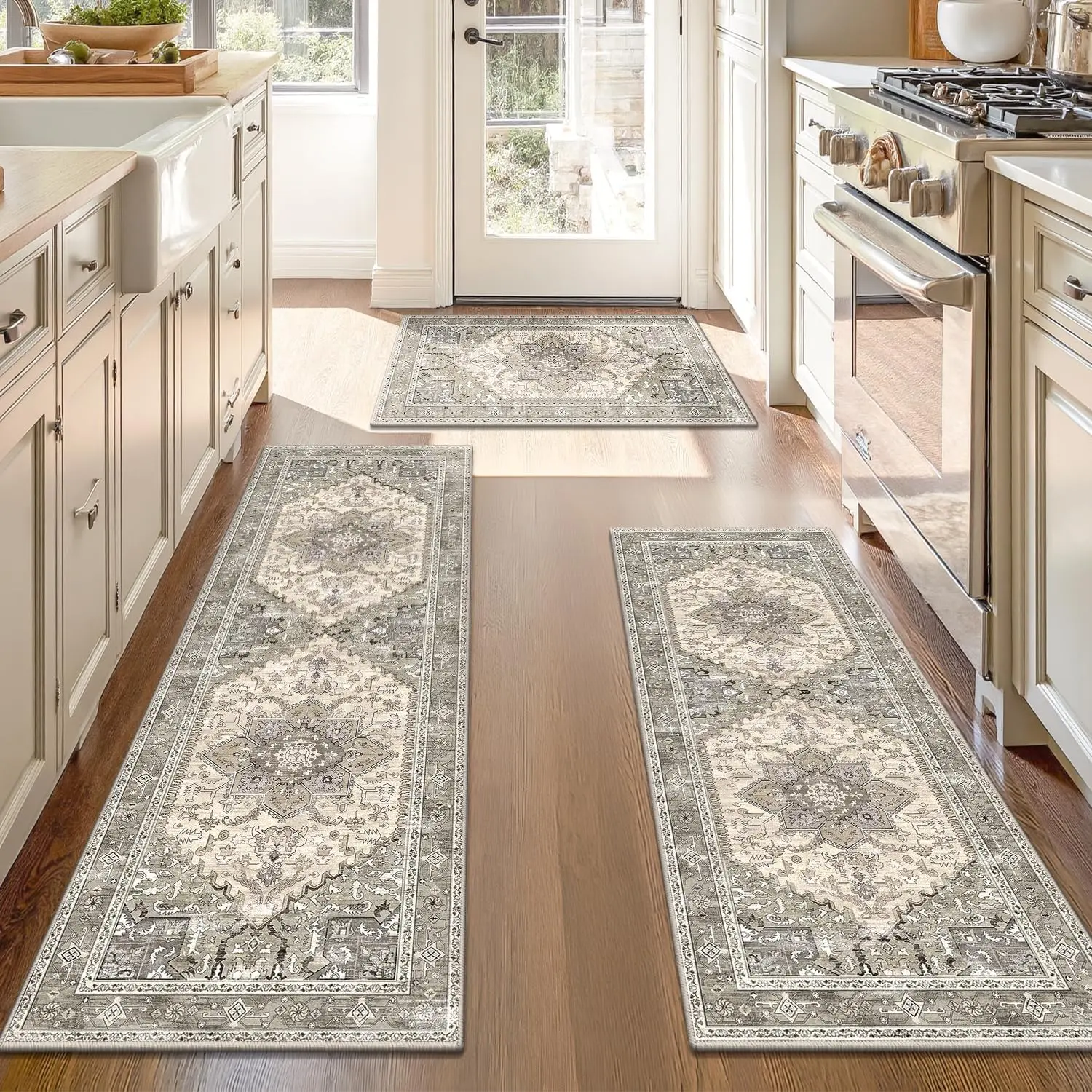 Boho Washable Kitchen Rugs Sets of 3, Non Slip Kitchen Mats for Floor with Rubber Backing, Waterproof & Stain Resistant Carpet Runner Throw Rug for Kitchen, Laundry Room, Hallway