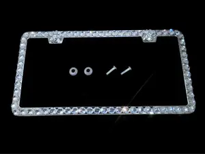 Dazzling Addiction 3D Bling License Plate Frame Big Chunky Rhienstones Clear Made in USA Handmade 1 Row Holder Screw Caps Personalizable Customizable Customized White Bedazzled Sparkly Shimmering for Her Girls and Women 2 Holes Crystals Diamond