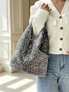 Women's Korean Niche Sequined Shoulder Tote Bag, Summer New Large Gym & Commuter Bag