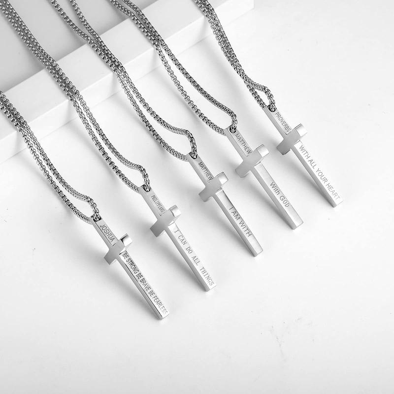 Inspirational Bible Verse Cross Pendant Necklace for Men 3mm Box Chain Stainless Steel Faith Jewelry