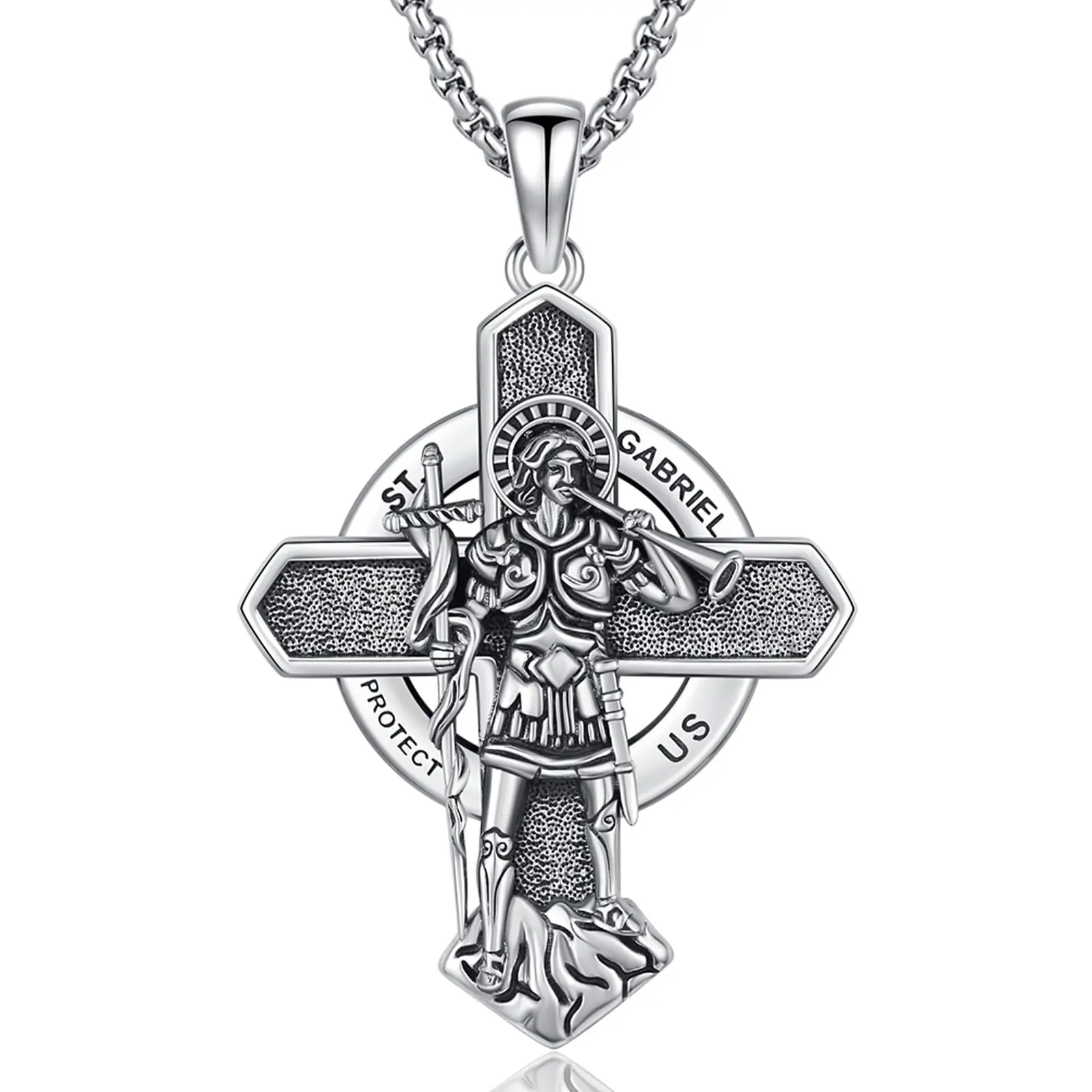 DRINSPER Archangel St. Gabriel Cross Pendant, 925 Sterling Silver Patron Saint Necklace for Adults, Unisex Divine Protection Jewelry with 22"+2" Box Chain, Religious Necklace, Spiritual Significance