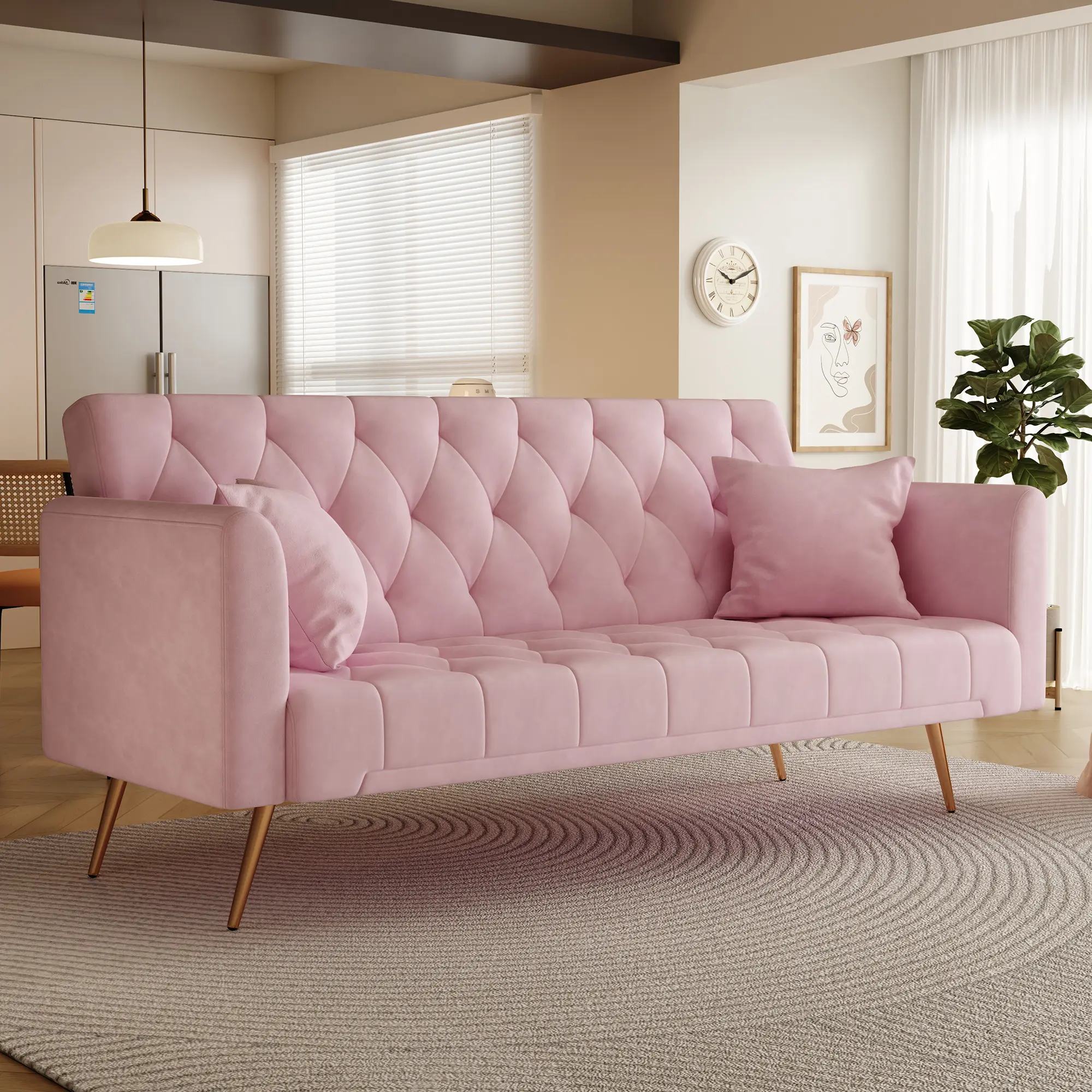 71" Modern Velvet Material Multi-Use Sofa - Adjustable Backrests, Convertible Folding Sleeper, Loveseat with 2 Pillows, Golden Chrome Legs, Foam Cushioning, Stylish Design for Small Living Room, Bedroom