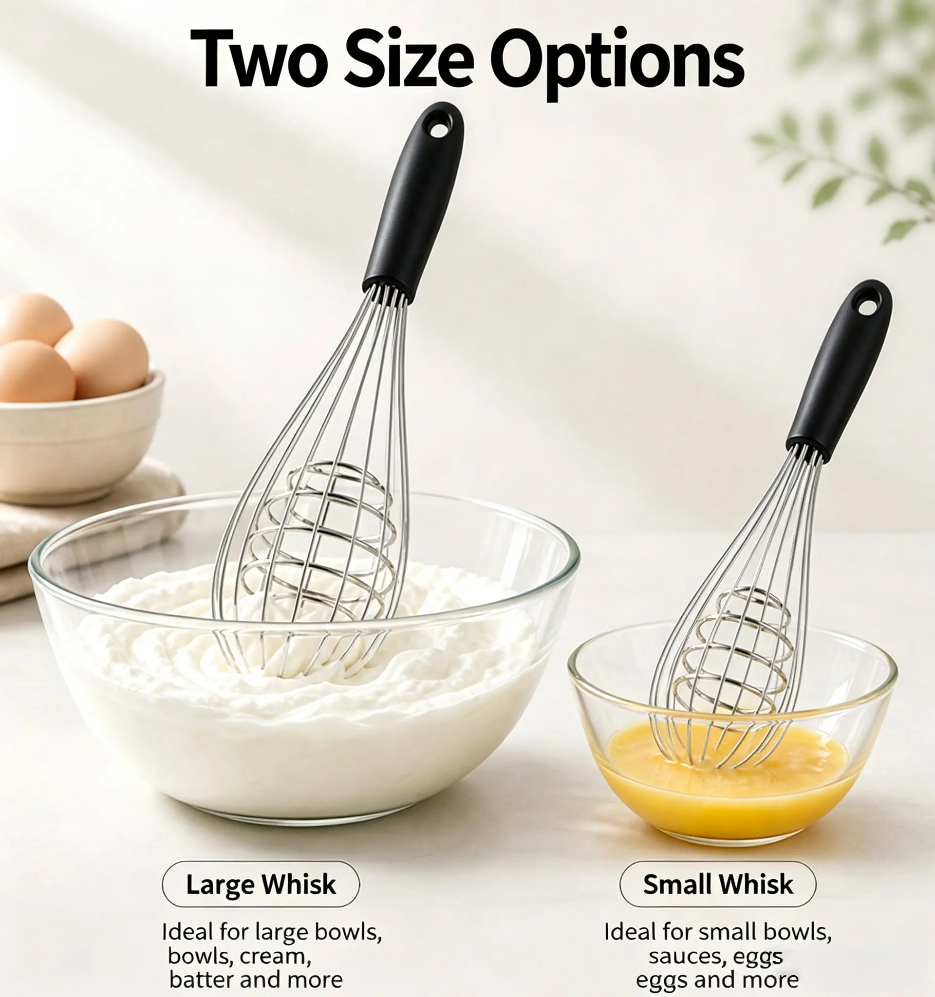 2 Sizes Stainless Steel Hand Whisk Set, Comfort Non-slip PP Handle Egg Beater with Hanging Hole, Durable Wire Mixer for Egg Cream Sauce Batter Mixing, Kitchen Baking Manual Stirring Tool
