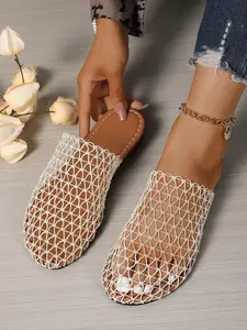 Women's Fashionable Fishnet Slides, Casual Breathable Comfortable Slides, Female All-match Round Toe Slippers for Summer Beach Vacation, Walking Shoes