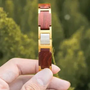 Wooden Bracelet for Men - Red Sandalwood, Gold Plated Stainless Steel Hardware, Re-sizeable, Re-sizing tool included.