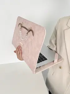 Pink Flat Top Handle Bag with Brown Bear Silhouette Design and Crystal Chain Strap, Minimalist Cute Laptop Sleeve Bag for 13-15.6 Inch Devices