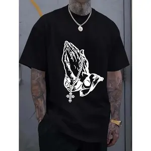 Prayer fold handprint summer t-shirt casual crew neck print top fitness workout outdoor sports short sleeves halloween tops