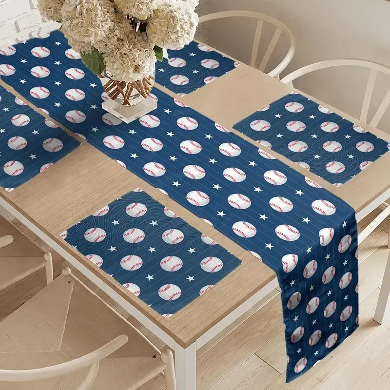 5-Piece Baseball Pattern Linen Tablecloth Set, 72 X 48 Inches Rectangular Dining Decor, Star Design, Blue Colors, Kitchen & Dining Room Use