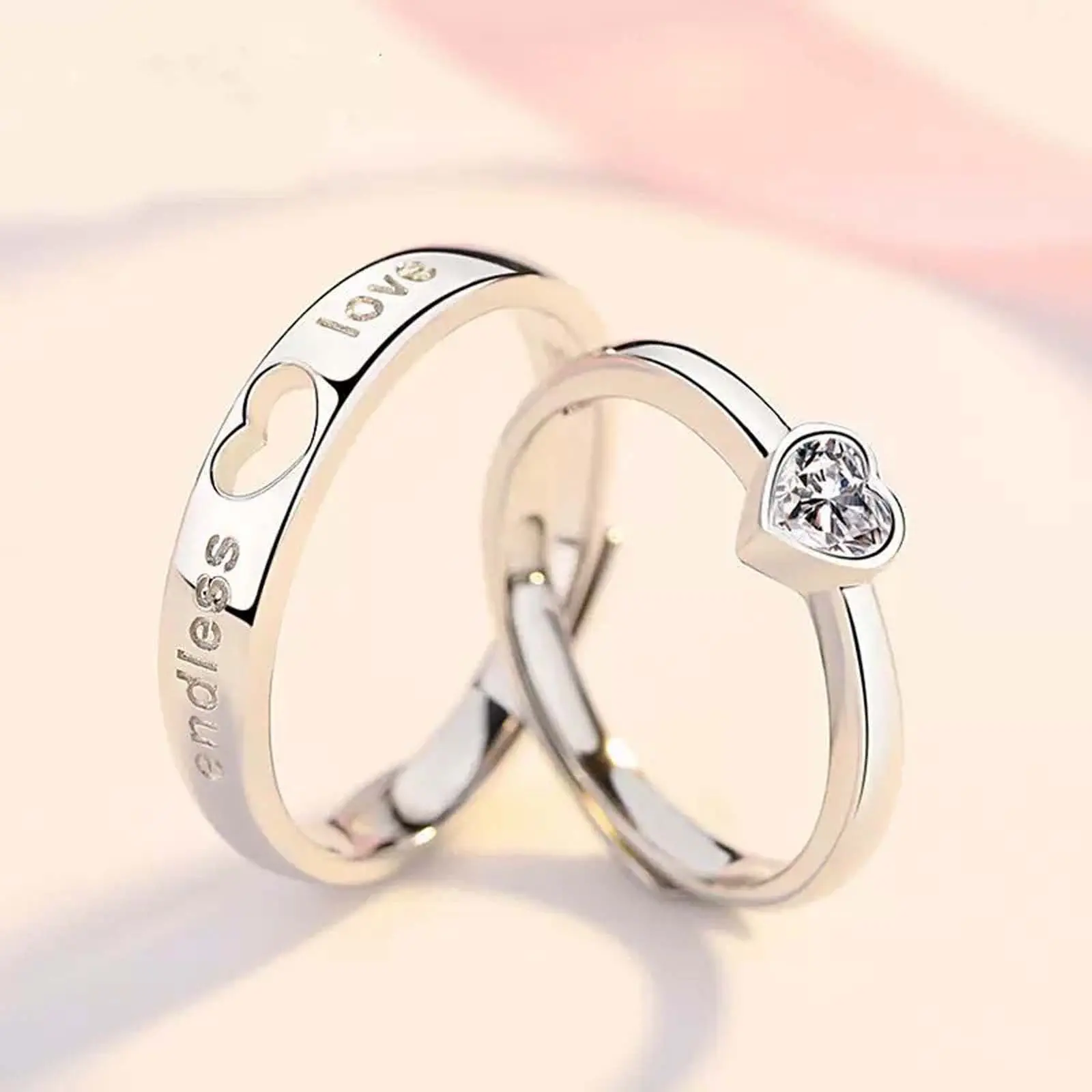 His & Hers Zircon Heart Rings Set – Adjustable Open Band Jewelry Gift