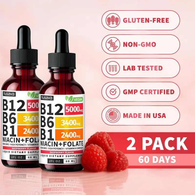 Nusava Vitamin B12 Liquid Supplement Drops with B6 B1 Niacin & Folate Raspberry Flavor 5000mcg 3400mcg 2400mcg Non-GMO Gluten-Free 4 fl oz 2 Pack