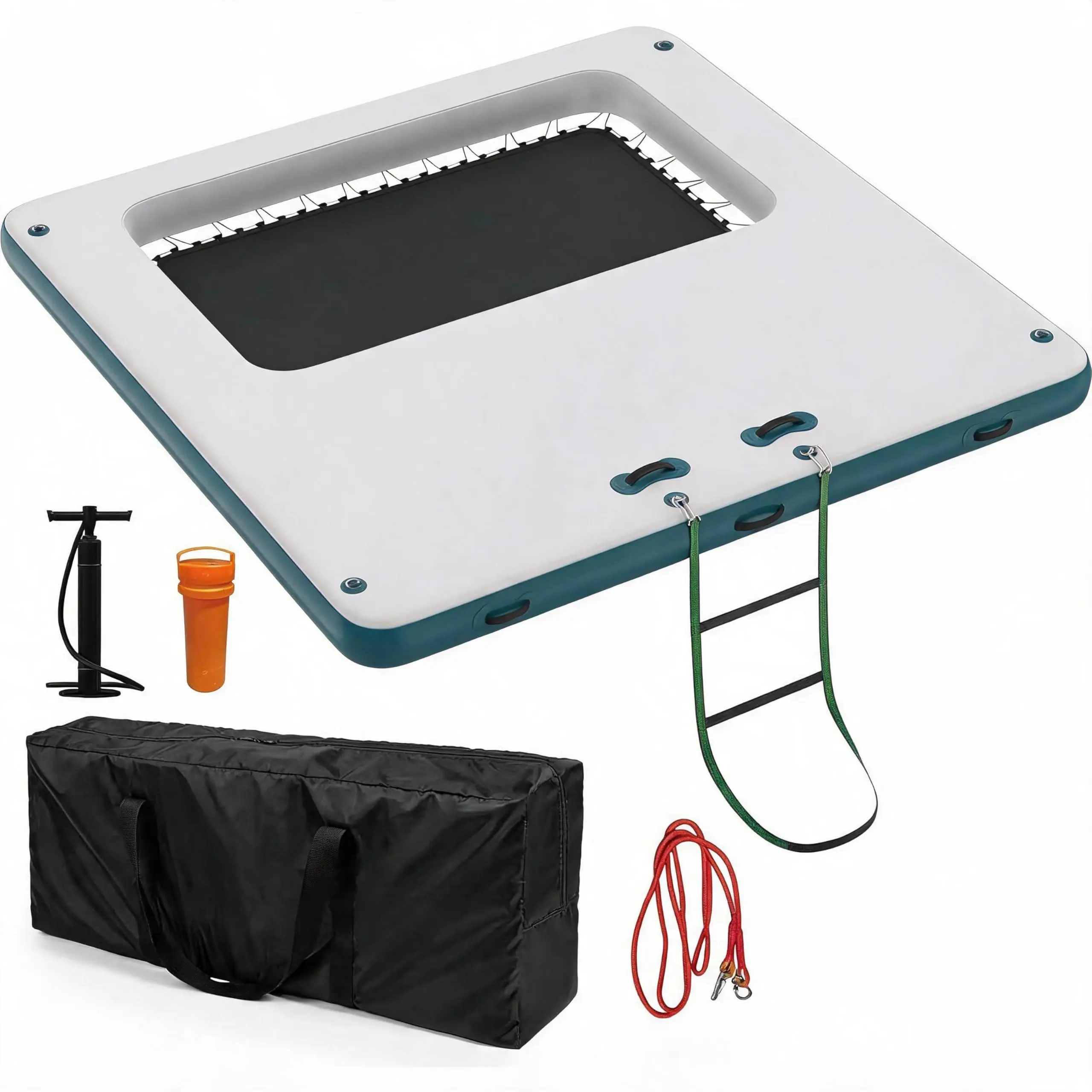10 x 10Ft Inflatable Floating Platform, PVC Water Float Dock for Lake, Pool and Boat, Recreational Swim Raft and Shapes, White Surface with Blue Green or Orange Trim