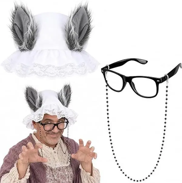 2 Pcs Halloween Wolf Granny Costume, Plush Big Bad Wolf Costume with Hat Glasses, Wolves Costumes Accessory